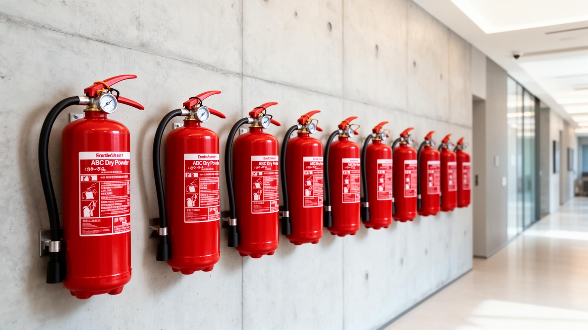 Red fire extinguishers lined up at Safex Fire Extinguisher facility in Delhi